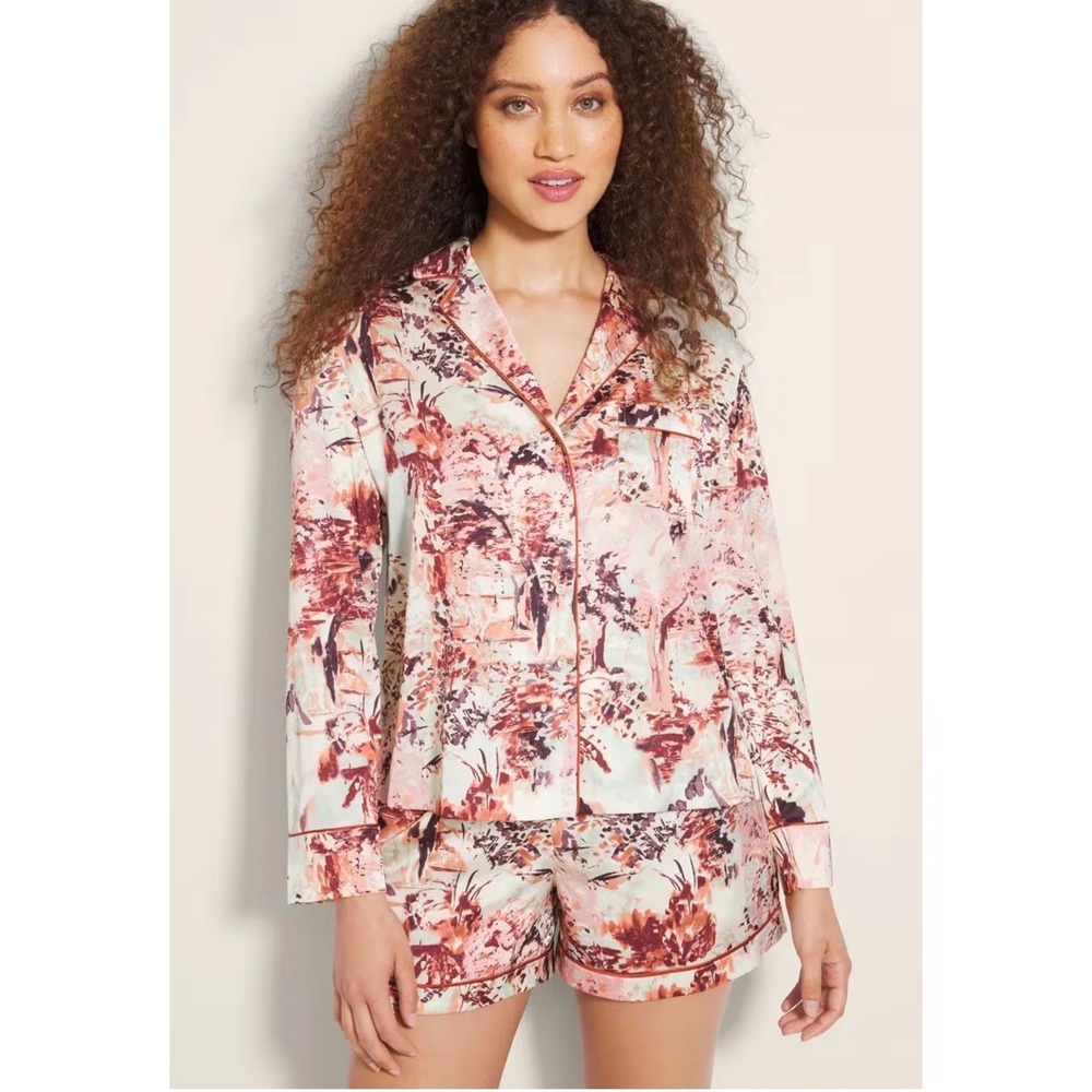 Soma Intimates Pajama Set Womens Satin Abstract Landscape Print Top Shorts Small